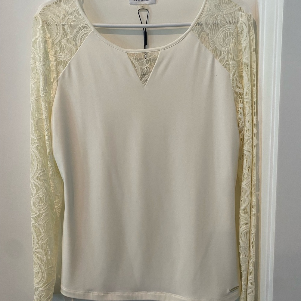 Calvin Klein Cream Lace Sleeve Top.  Size M